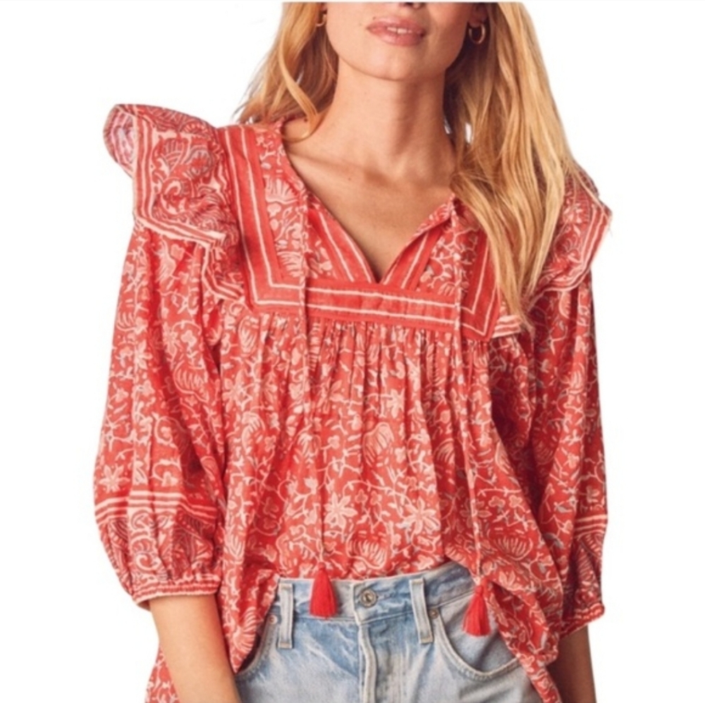 Cleobella Mylah Blouse Medium Red Fan Block Print… - image 1